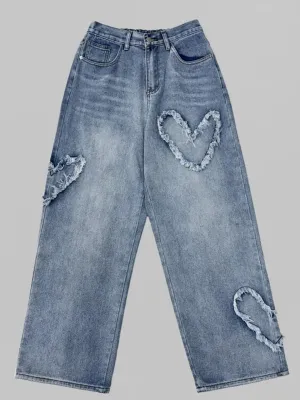 Women's Blue Washed Baggy Jeans with Heart Motifs — view 3