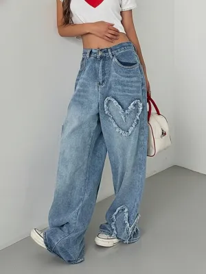 Women's Blue Washed Baggy Jeans with Heart Motifs — view 5