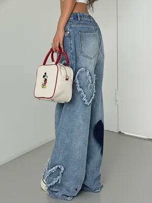 Women's Blue Washed Baggy Jeans with Heart Motifs — view 6