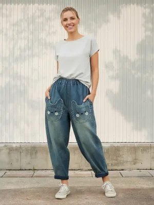 Women's Blue Washed Balloon Jeans with Cat Pockets — view 1