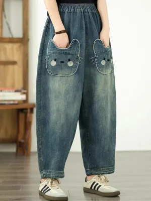 Women's Blue Washed Balloon Jeans with Cat Pockets — view 2