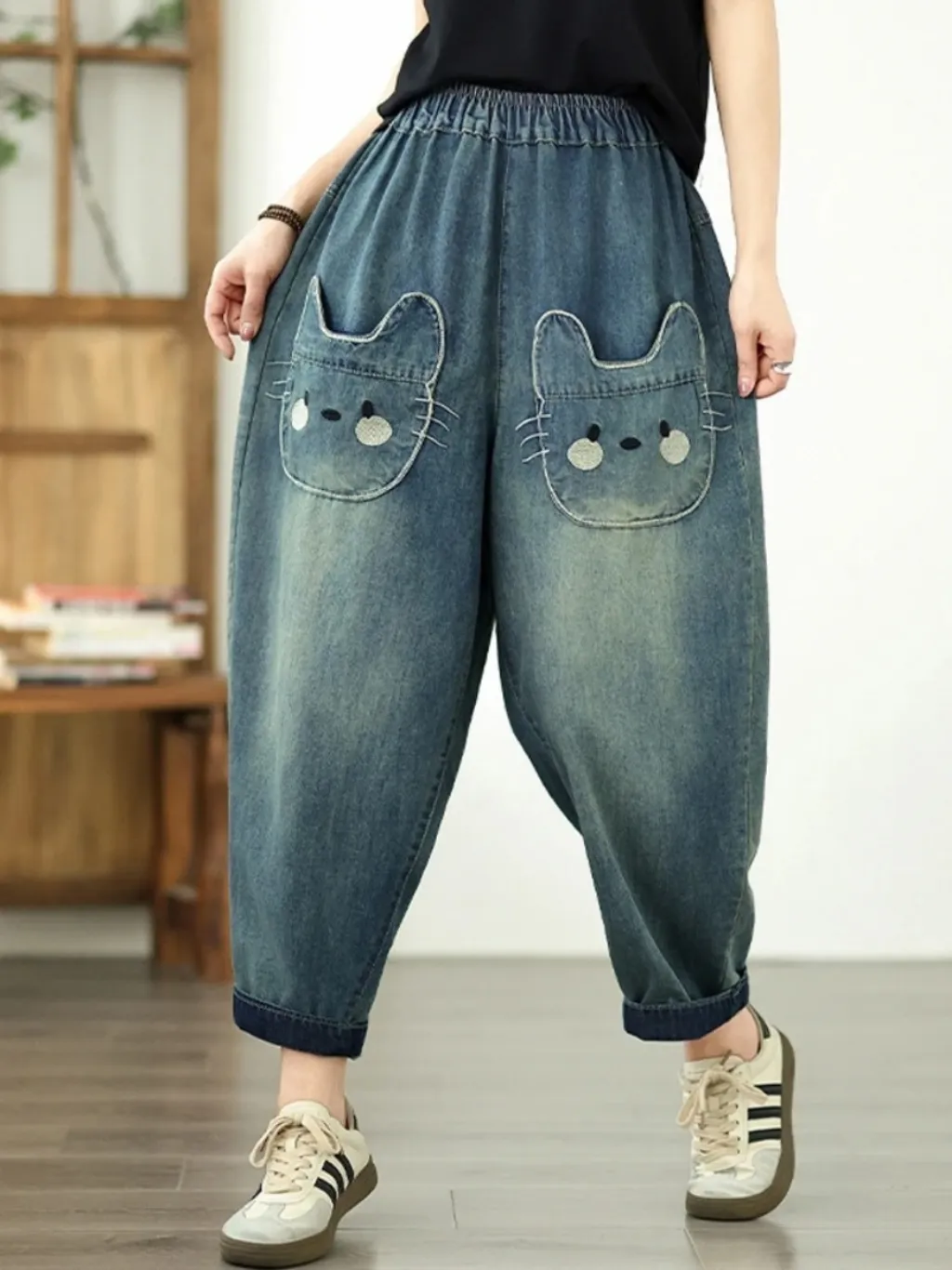 Women's Blue Washed Balloon Jeans with Cat Pockets — endless ways to style it