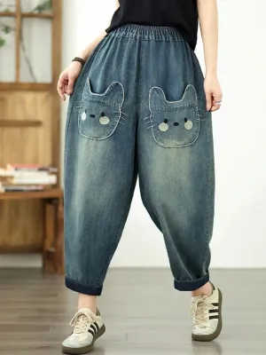 Women's Blue Washed Balloon Jeans with Cat Pockets — view 4