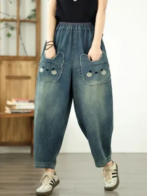 Women's Blue Washed Balloon Jeans with Cat Pockets — view 5