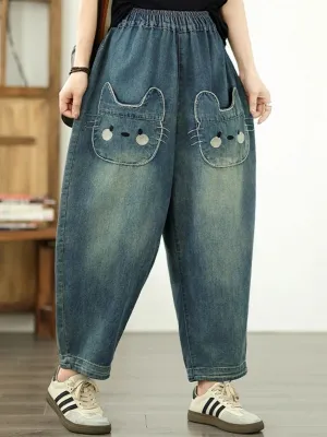 Women's Blue Washed Balloon Jeans with Cat Pockets — view 6