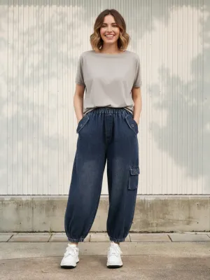 Women's Blue Washed Balloon Jeans with Utility Pockets — view 1