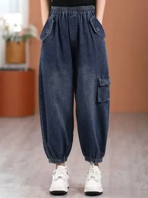 Women's Blue Washed Balloon Jeans with Utility Pockets — view 2