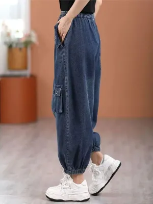 Women's Blue Washed Balloon Jeans with Utility Pockets — view 3
