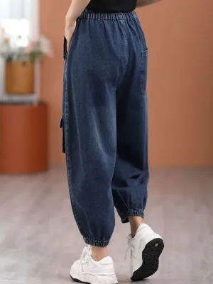 Women's Blue Washed Balloon Jeans with Utility Pockets — view 4