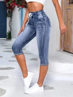 Women's Blue Washed Cropped Jeans with Drawstring — view 2
