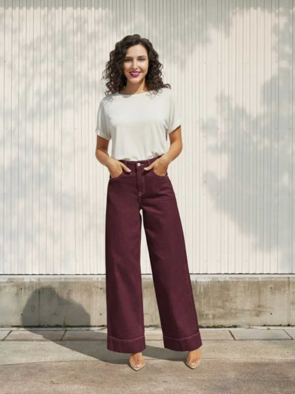 Women's Burgundy Wide-Leg Jeans