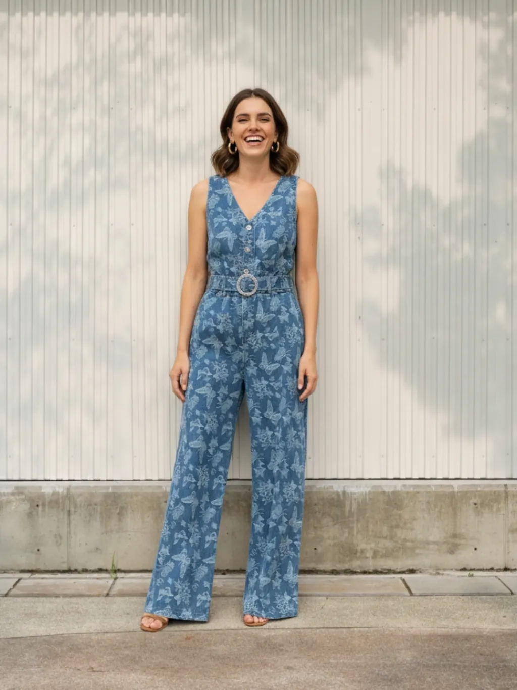 Women's Elegant Butterfly Print Denim Jumpsuit
