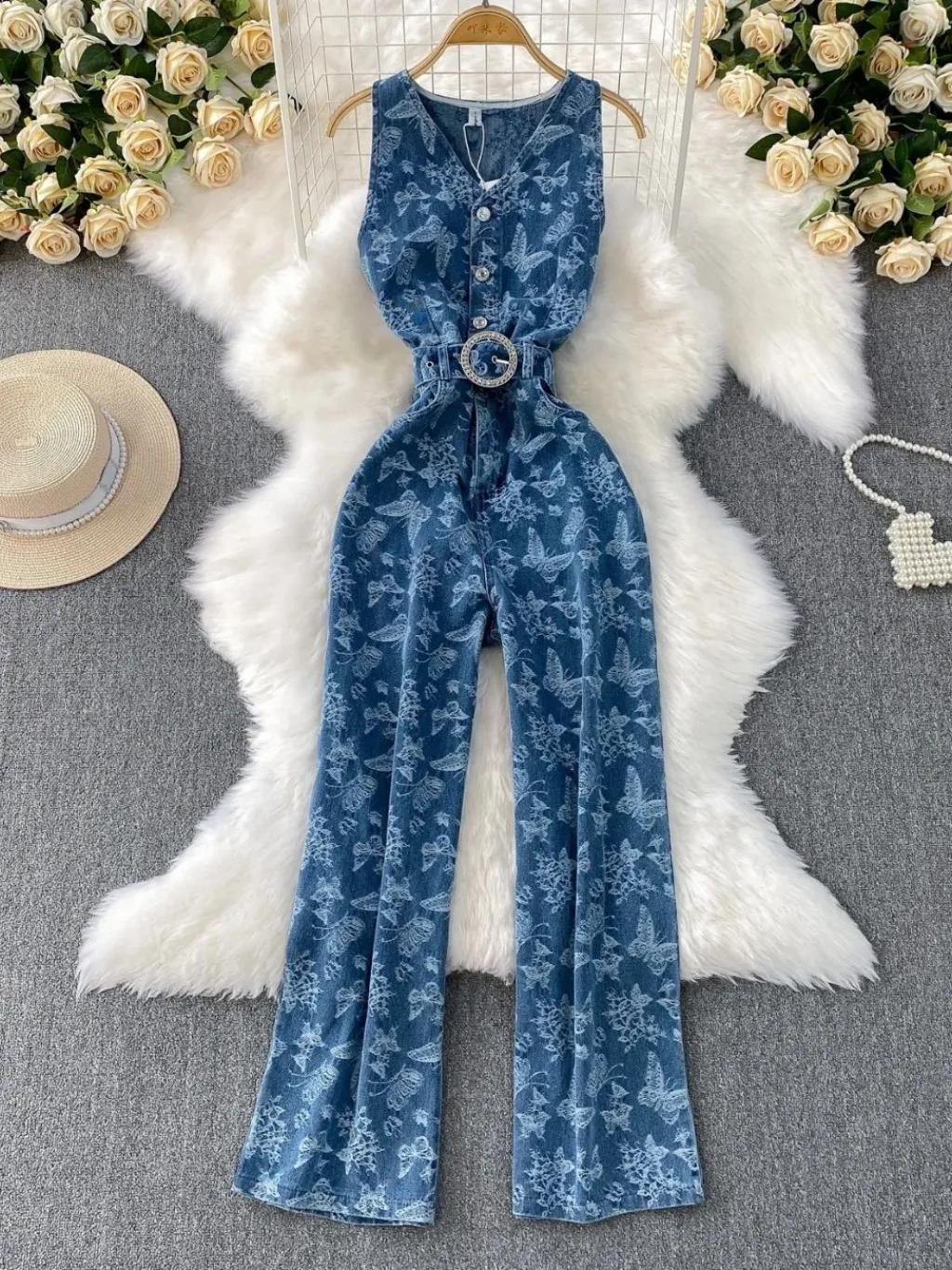 Women's Elegant Butterfly Print Denim Jumpsuit — a pair designed to be worn everywhere