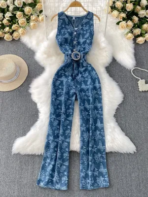 Women's Elegant Butterfly Print Denim Jumpsuit — view 2