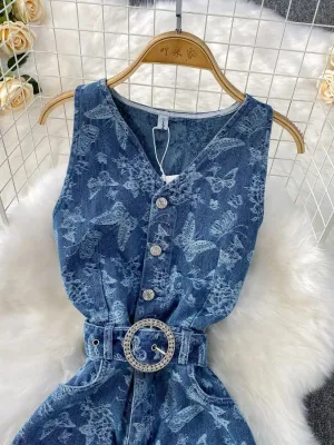 Women's Elegant Butterfly Print Denim Jumpsuit — view 3
