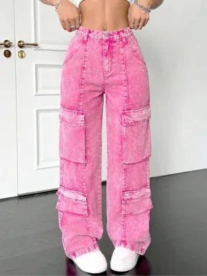 Women's Candy Pink High-Waisted Cargo Jeans — view 2