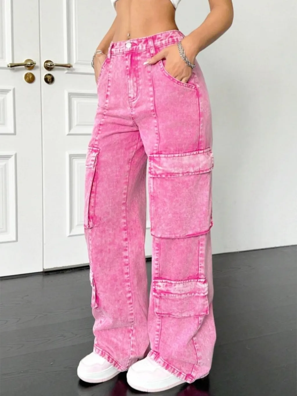 Women's Candy Pink High-Waisted Cargo Jeans — quality denim, made to last