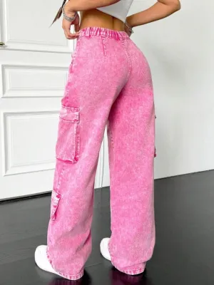 Women's Candy Pink High-Waisted Cargo Jeans — view 4