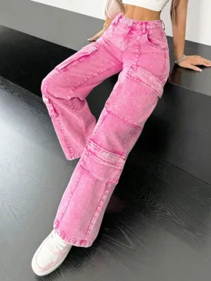 Women's Candy Pink High-Waisted Cargo Jeans — view 5