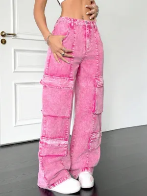Women's Candy Pink High-Waisted Cargo Jeans — view 6