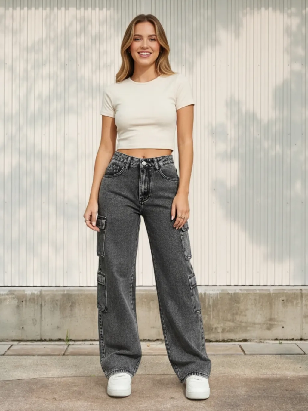 Women's Charcoal Grey Washed Cargo Jeans
