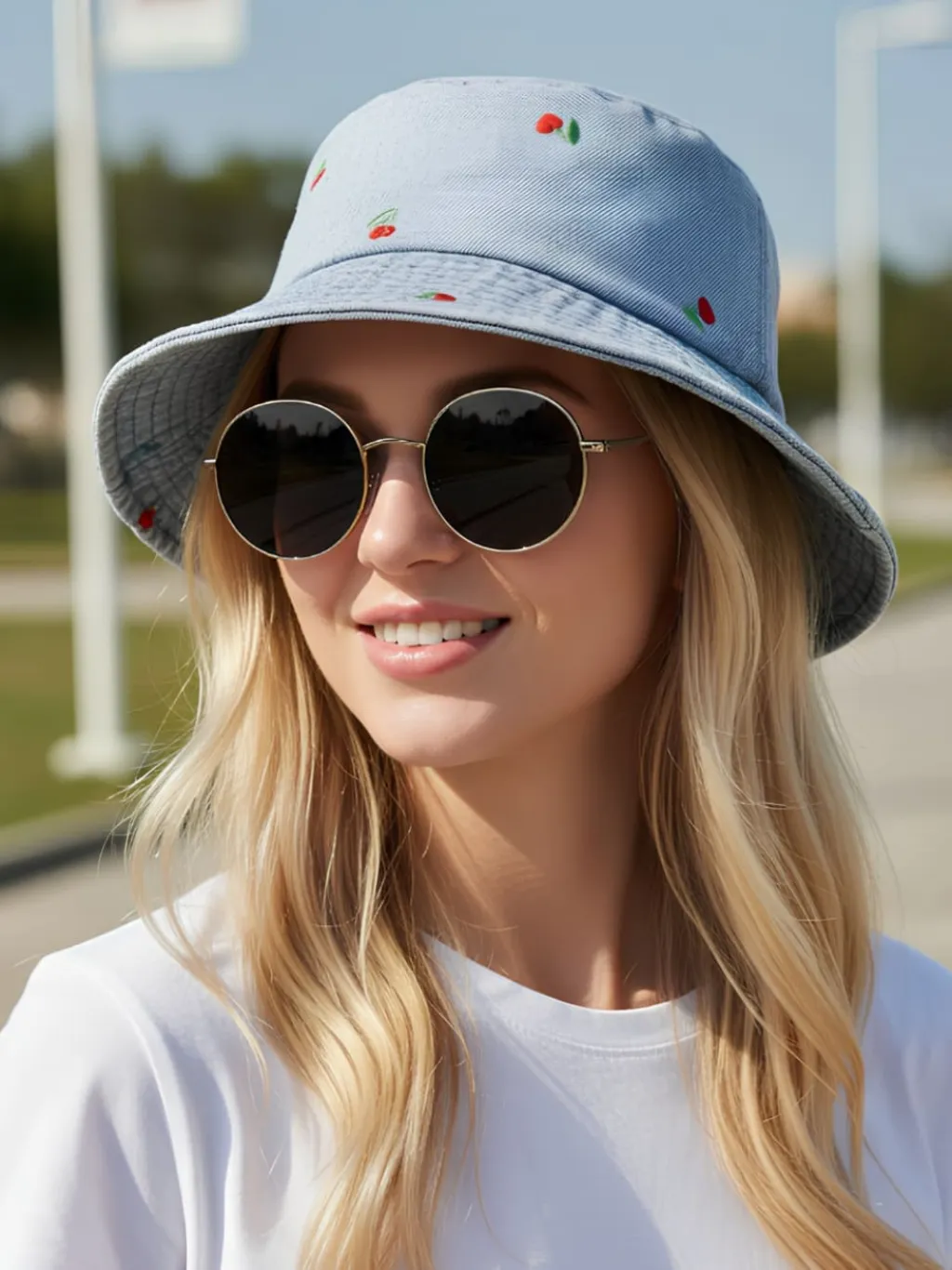 Women's Cherry Print Denim Bucket Hat — quality denim, made to last
