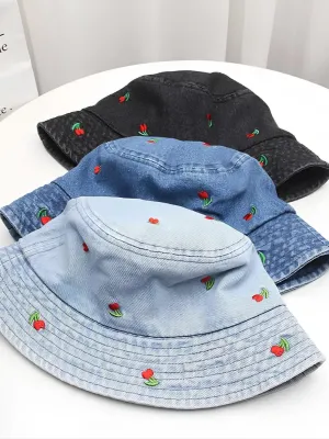 Women's Cherry Print Denim Bucket Hat — view 6