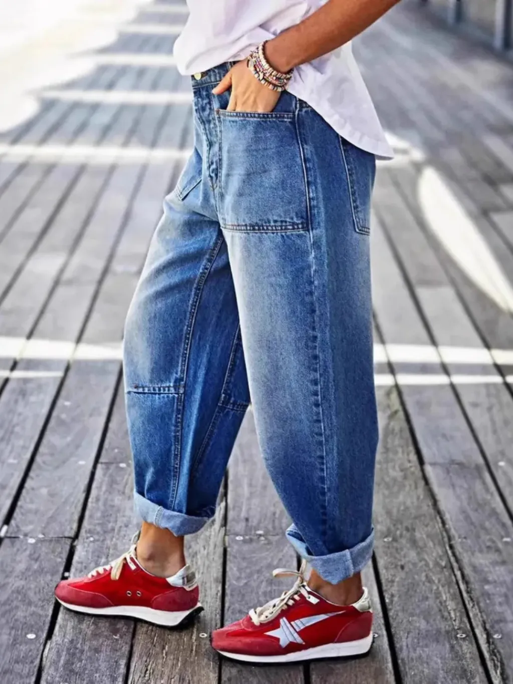 Women's Cropped Blue Washed Relaxed Jeans with Hems — a pair designed to be worn everywhere