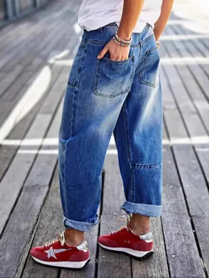 Women's Cropped Blue Washed Relaxed Jeans with Hems — view 3