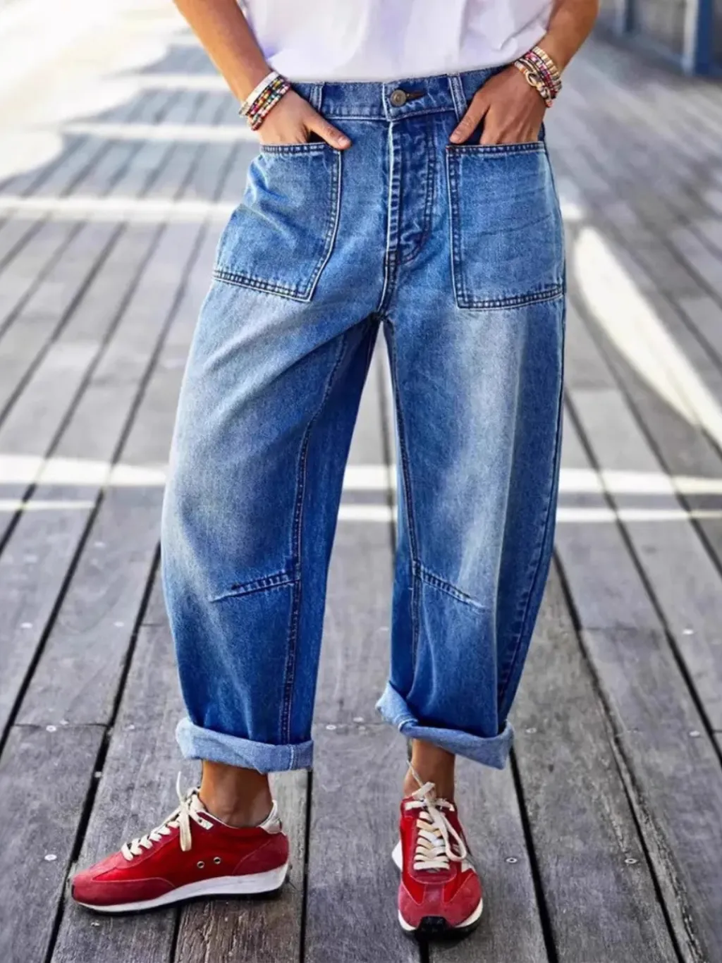 Women's Cropped Blue Washed Relaxed Jeans with Hems — endless ways to style it