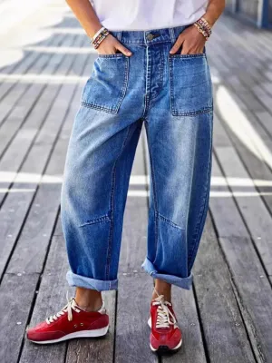 Women's Cropped Blue Washed Relaxed Jeans with Hems — view 4