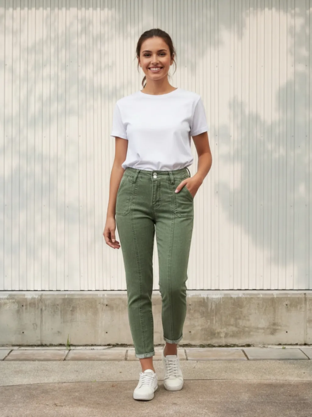 Women's Cropped Khaki Green Denim Jeans with Hem