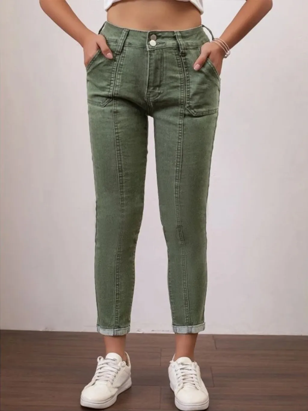 Women's Cropped Khaki Green Denim Jeans with Hem — a pair designed to be worn everywhere