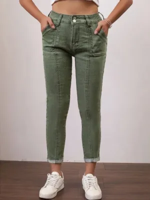 Women's Cropped Khaki Green Denim Jeans with Hem — view 2