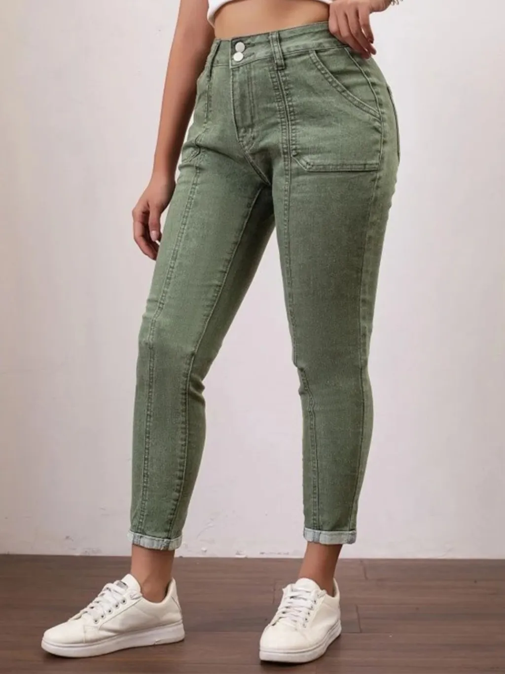 Women's Cropped Khaki Green Denim Jeans with Hem — quality denim, made to last