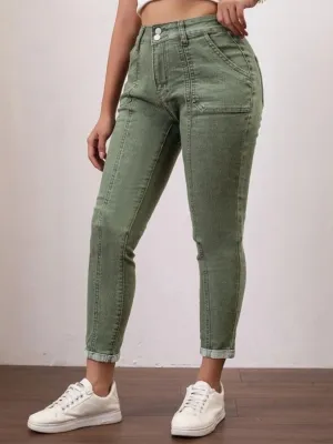 Women's Cropped Khaki Green Denim Jeans with Hem — view 3