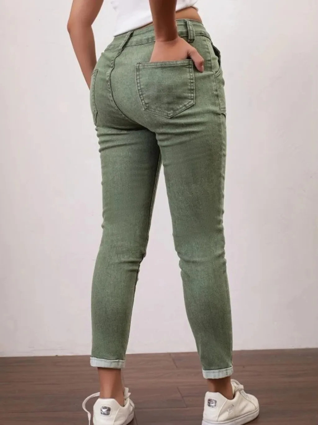Women's Cropped Khaki Green Denim Jeans with Hem — endless ways to style it
