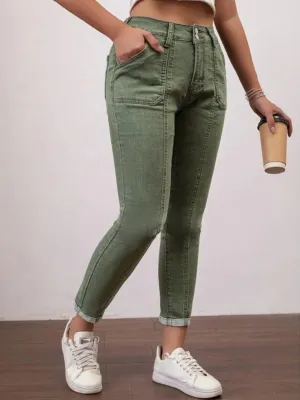 Women's Cropped Khaki Green Denim Jeans with Hem — view 5