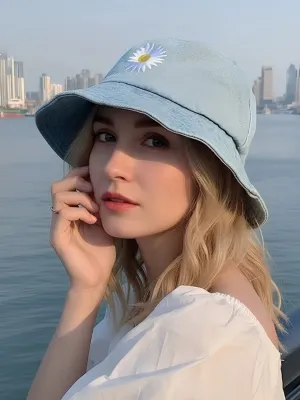 Women's Daisy Print Denim Bucket Hat — view 7
