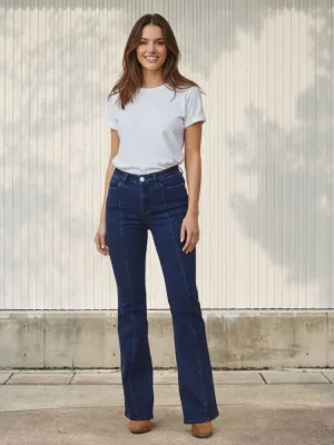 Women's Dark Blue Bootcut Jeans, Visible Stitching — view 1