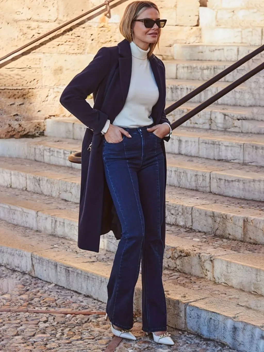 Women's Dark Blue Bootcut Jeans, Visible Stitching — a pair designed to be worn everywhere