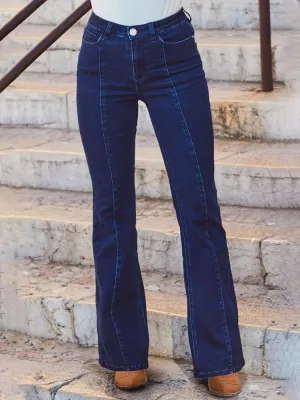 Women's Dark Blue Bootcut Jeans, Visible Stitching — view 3