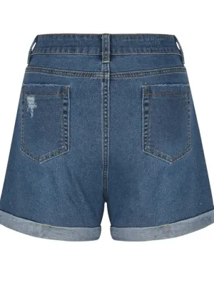 Women's Dark Blue Distressed Denim Shorts — view 4