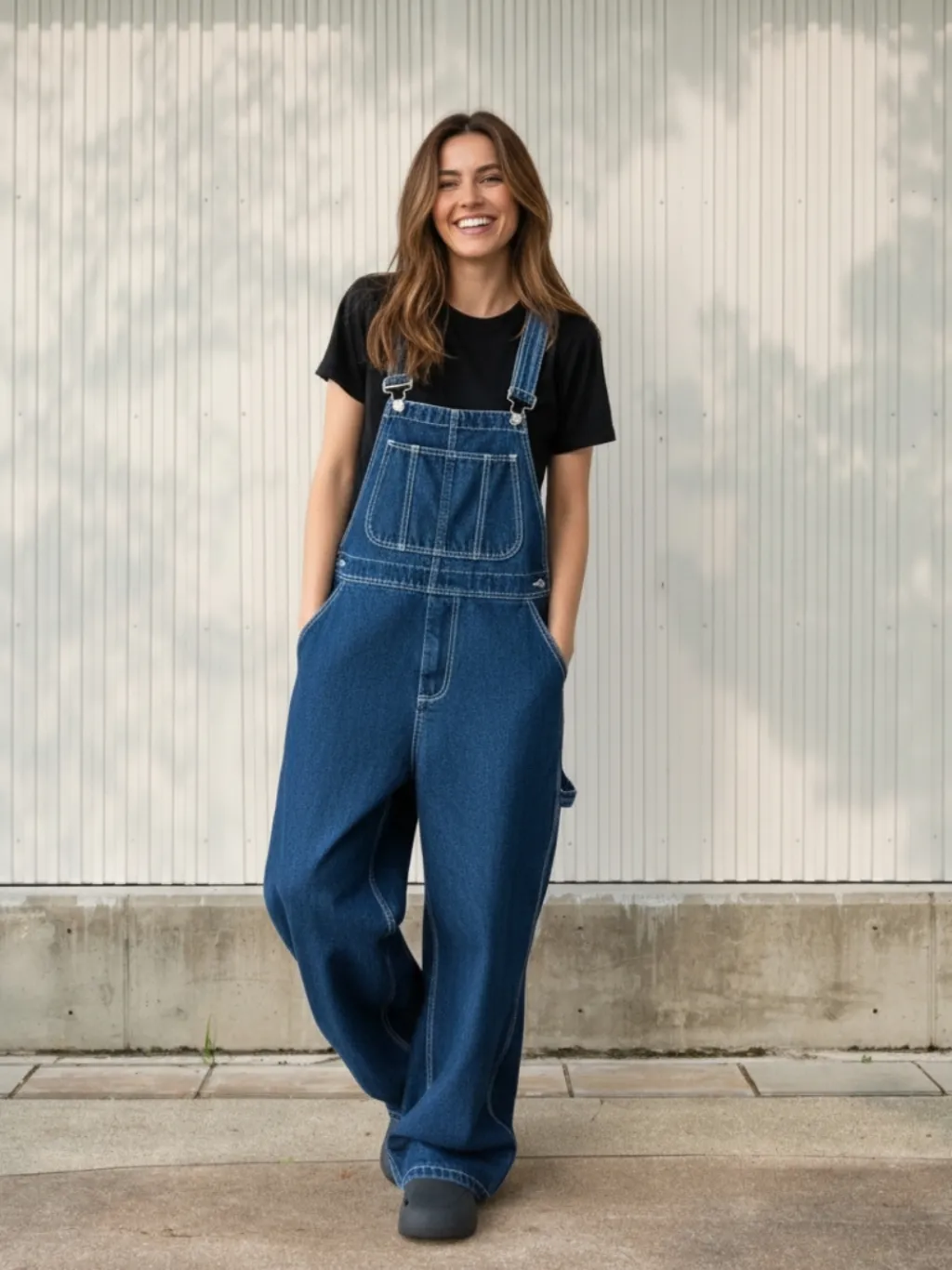 Women's Dark Blue Loose-Fit Denim Dungarees