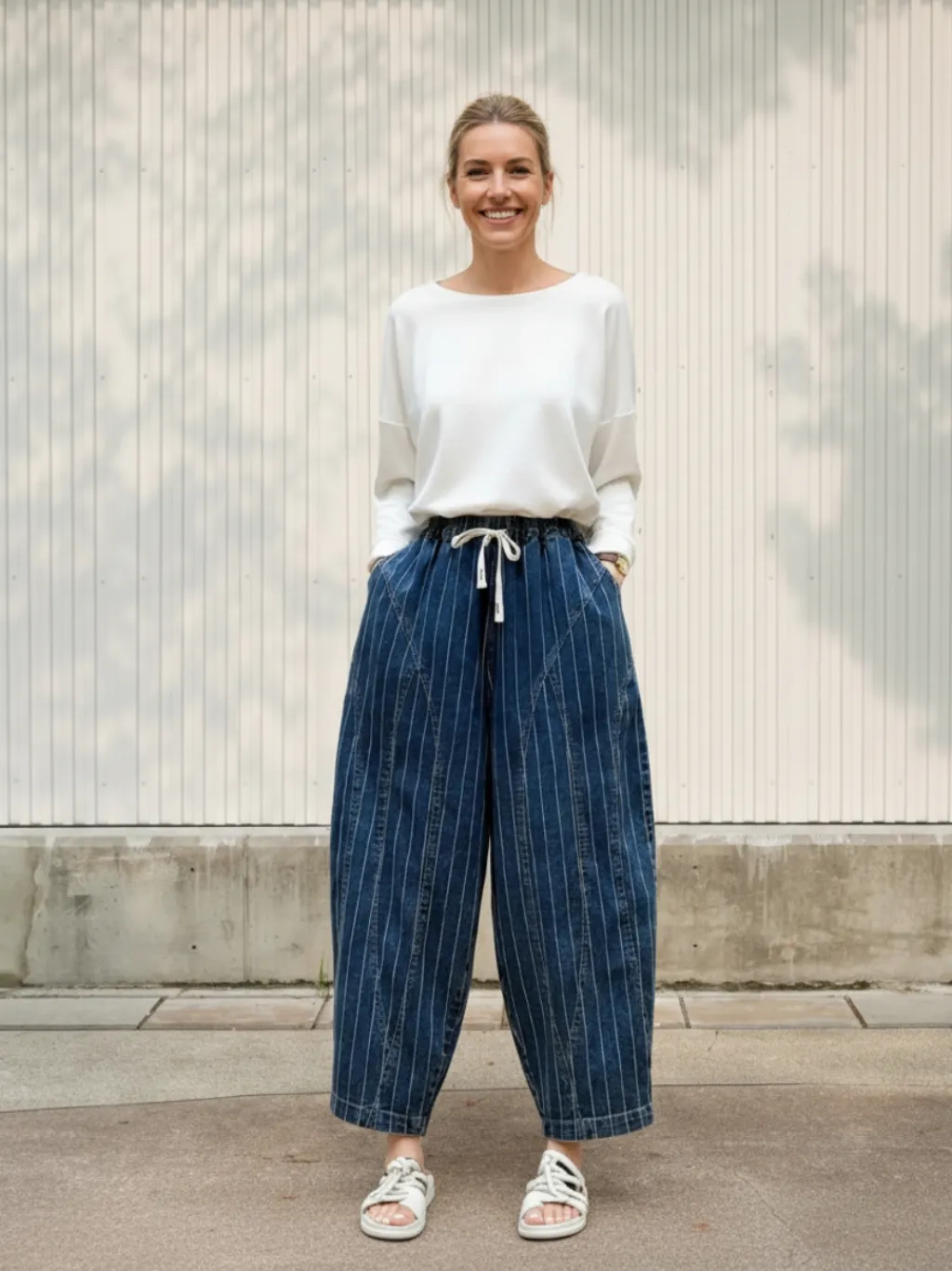 Women's Dark Blue Striped Balloon Fit Jeans