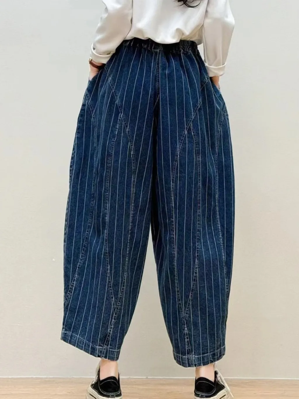 Women's Dark Blue Striped Balloon Fit Jeans — quality denim, made to last