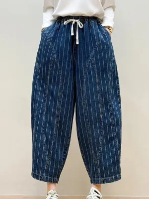 Women's Dark Blue Striped Balloon Fit Jeans — view 4