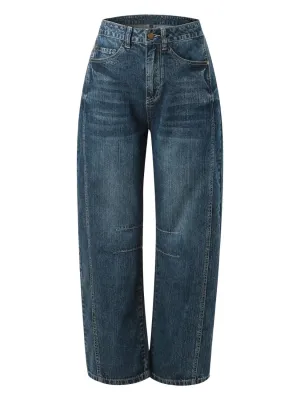 Women's Dark Blue Washed Barrel Jeans — view 4