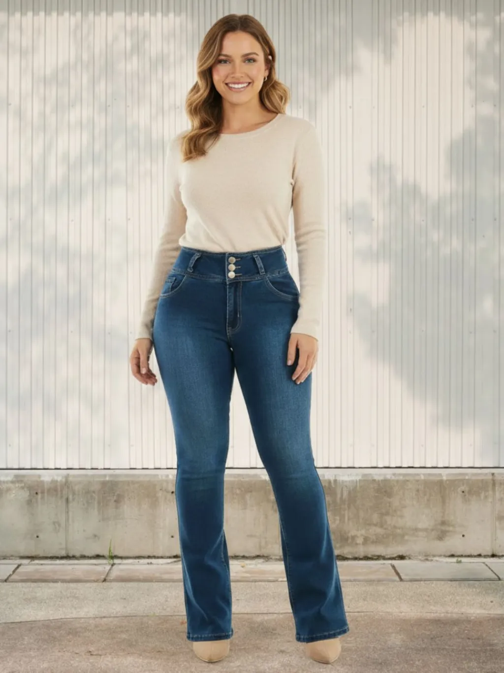 Women's Dark Blue Washed Push-Up Bootcut Jeans