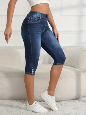 Women's Dark Blue Washed Slim Cropped Jeans — view 4